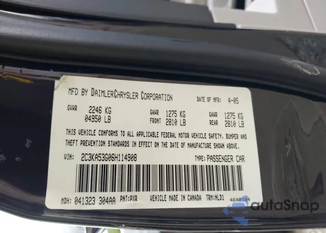 2006 Chrysler 300 Touring z USA, uszkodzony, nr VIN 2C3KA53G06H114908